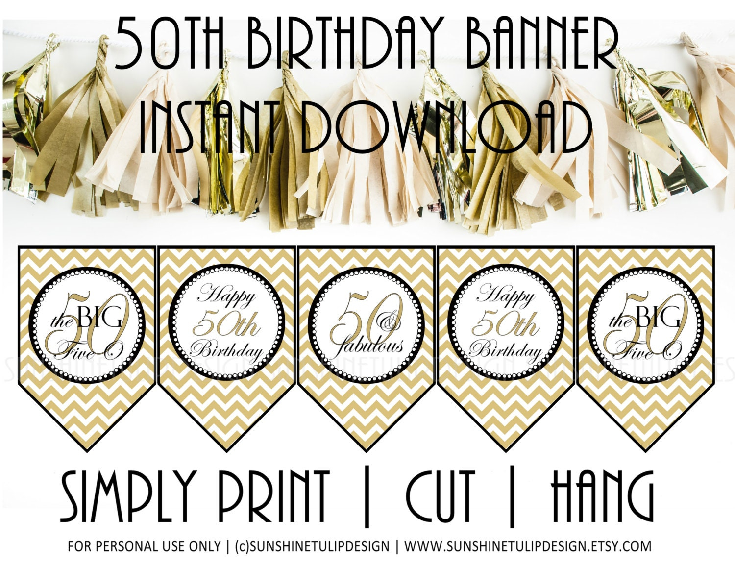 Printable 50th Birthday Banner 50th Gold And Black Chevron