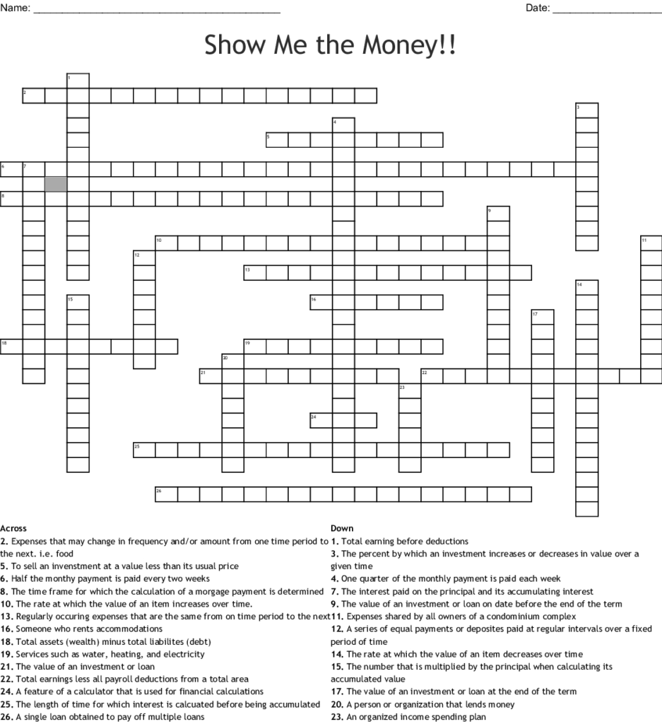 Printable Crossword Puzzle Money Printable Crossword Puzzles