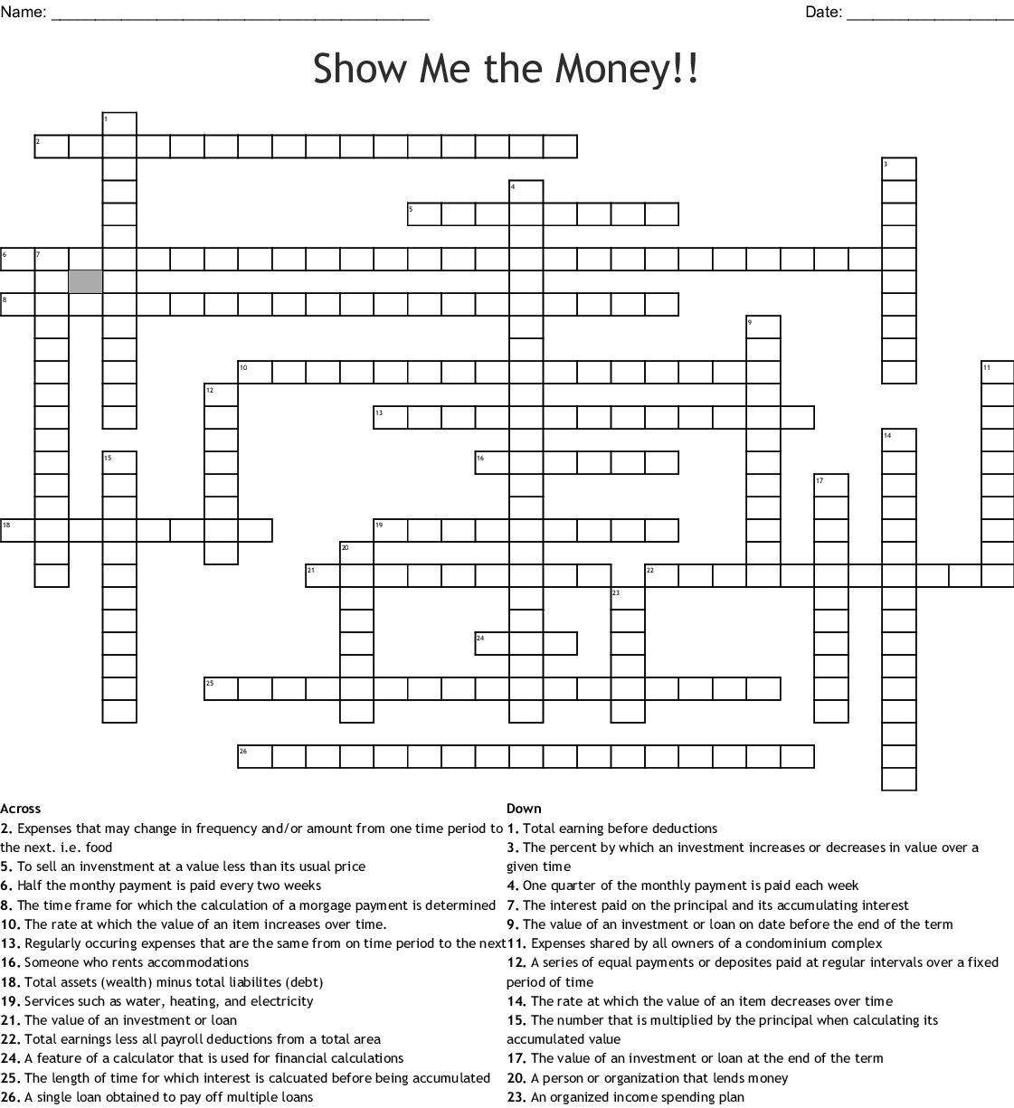 Printable Crossword Puzzle Money Printable Crossword Puzzles