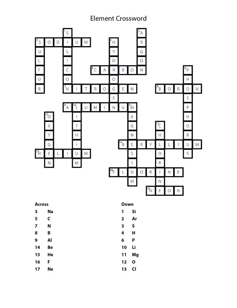 Printable Element Crossword Puzzle And Answers