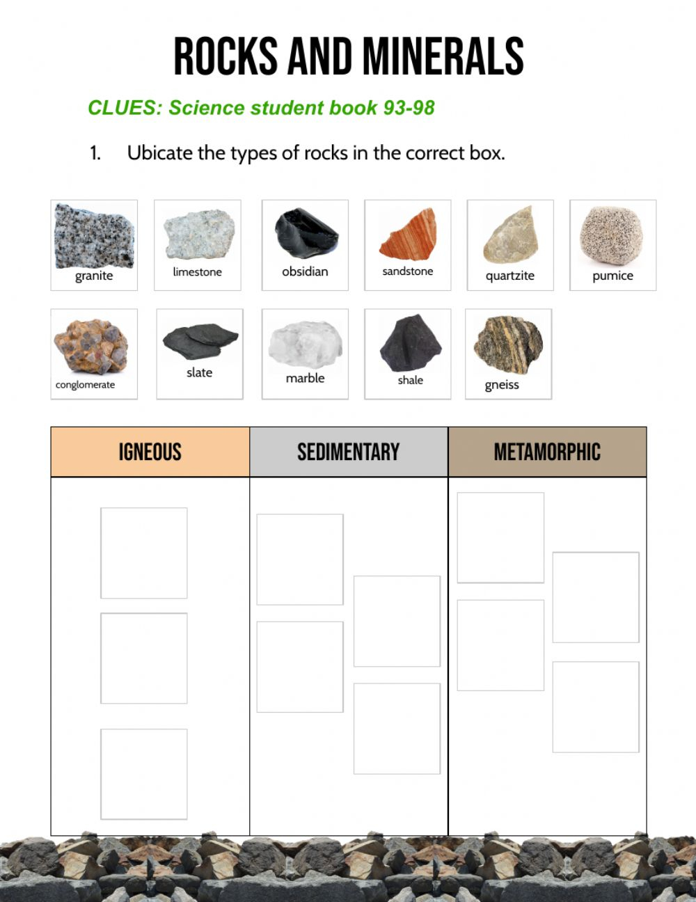 Rocks Minerals Worksheet