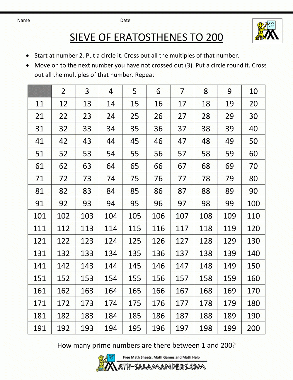 Sieve Of Eratosthenes Worksheet Printable Printable Worksheets