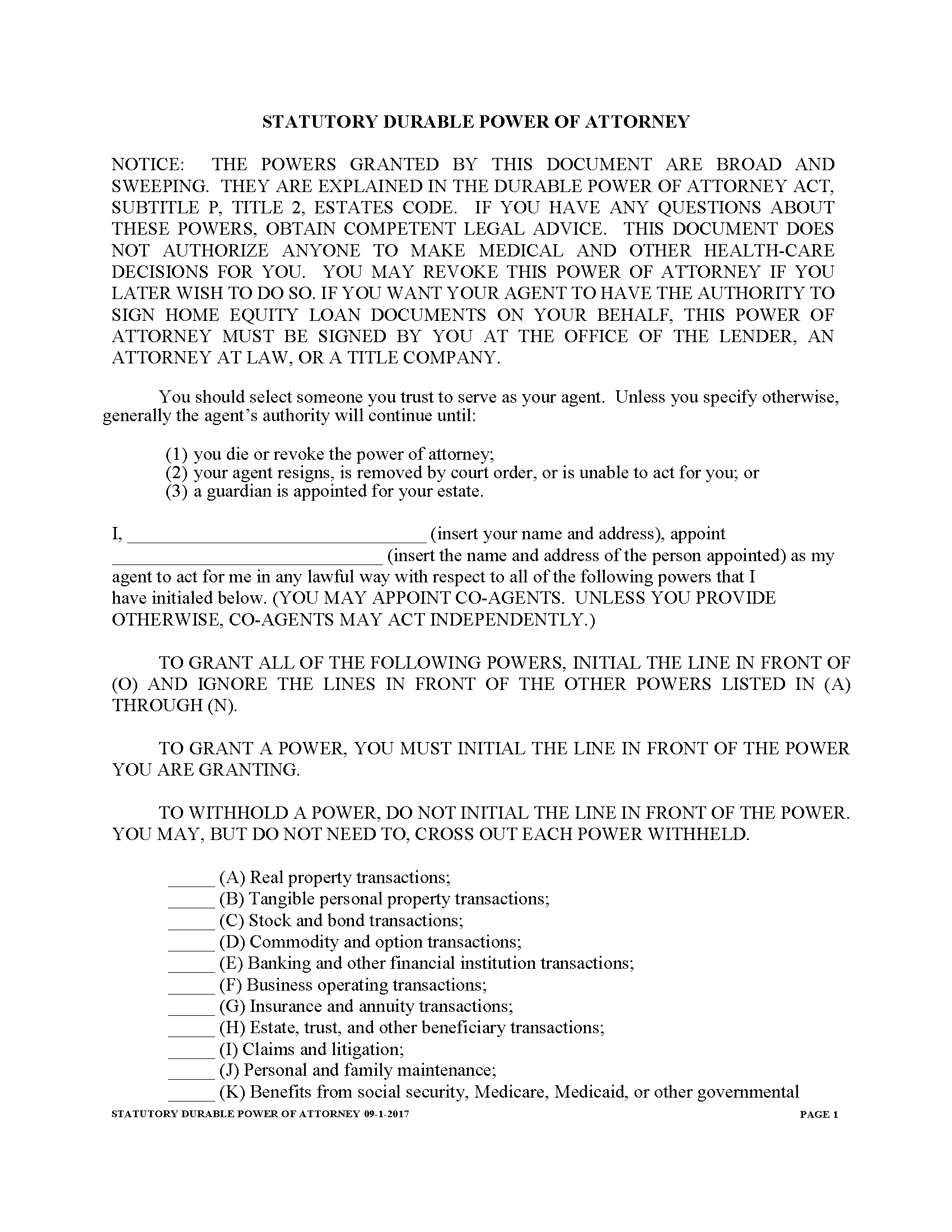 Texas Durable Power Of Attorney Form Fillable PDF Free Printable 