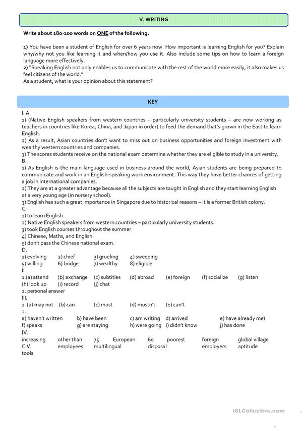 THE IMPORTANCE OF ENGLISH 10th Grade Test Worksheet Free ESL
