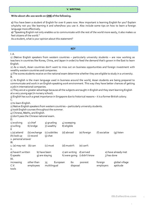 THE IMPORTANCE OF ENGLISH 10th Grade Test Worksheet Free ESL 