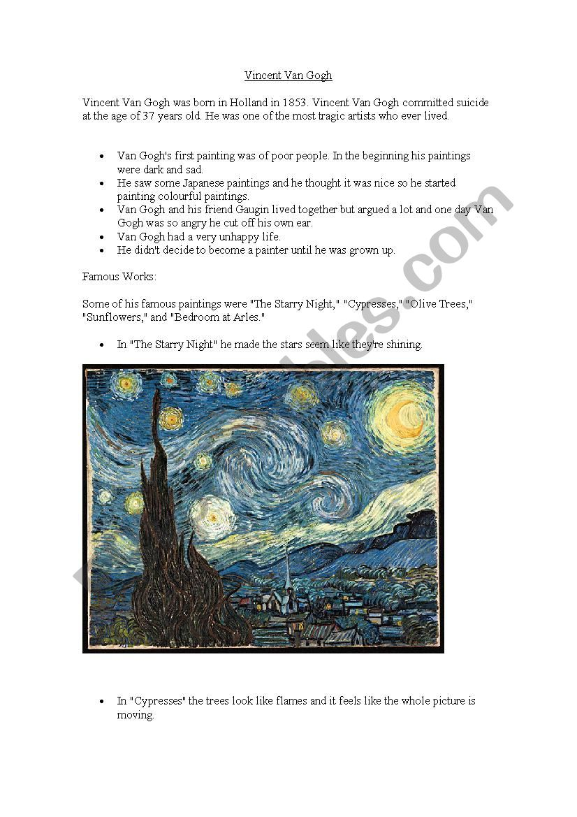 Vincent Van Gogh ESL Worksheet By Emi7717