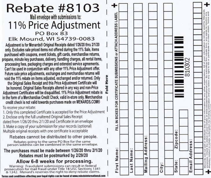 Menards Rebate Form 1970