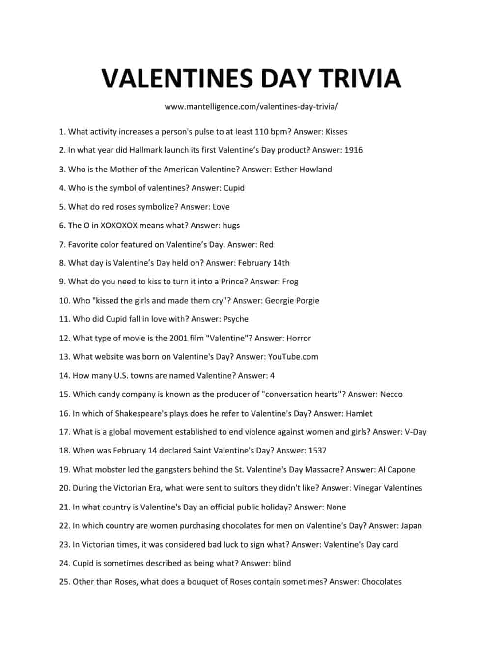 Printable Valentines Day Trivia