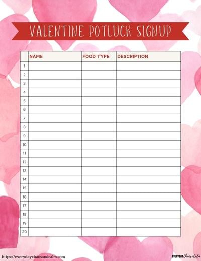 Printable Valentines Potluck Sign Up Sheet