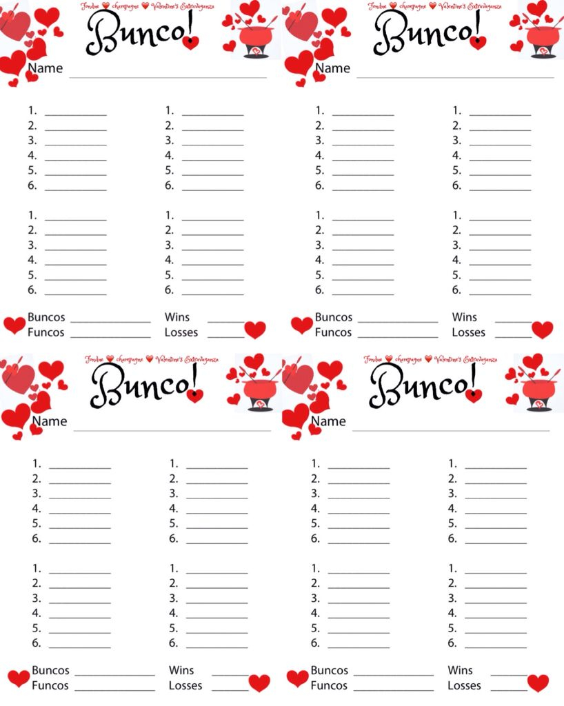 Bunco Free Printable Valentines Fondue Champagne Score Sheet