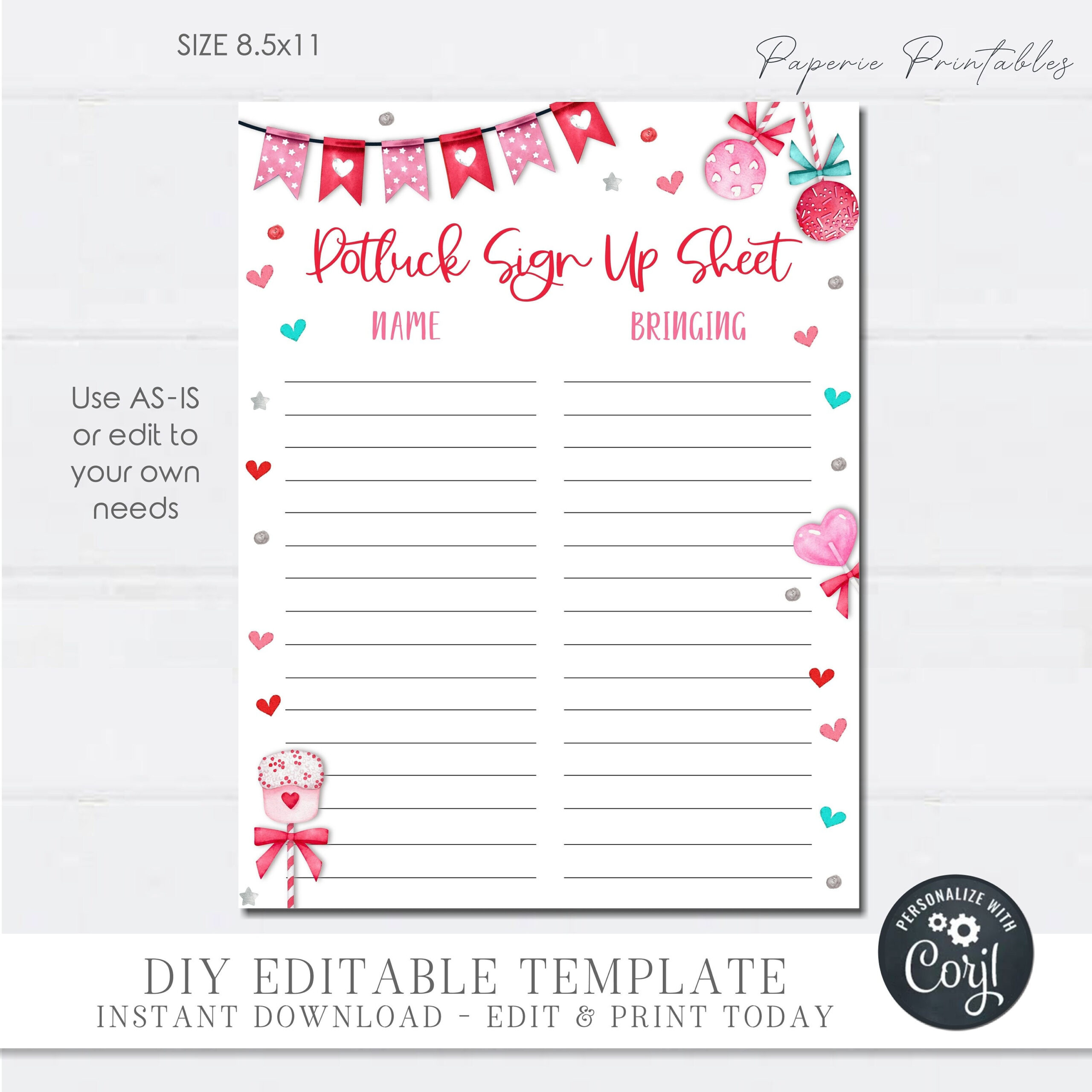 Printable Valentines Potluck Sign Up Sheet