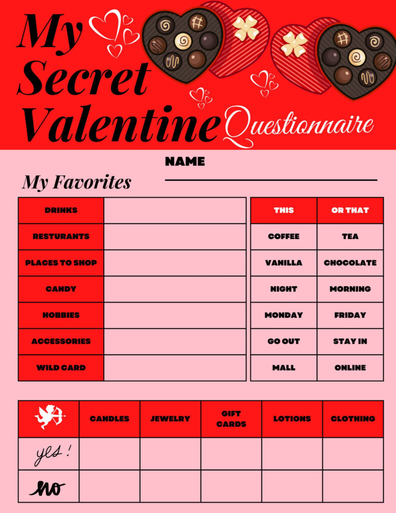 Free Printable Secret Valentine Questionnaire