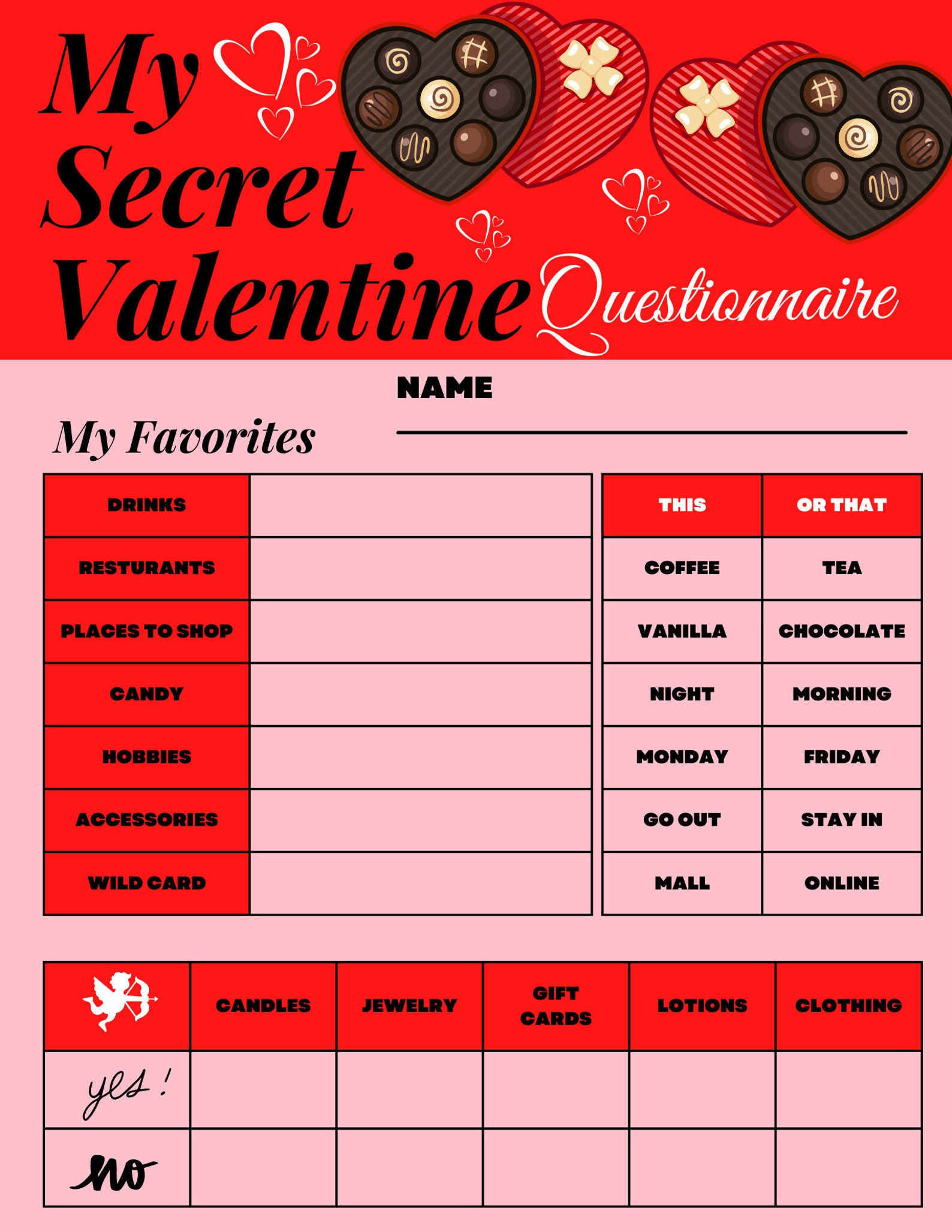 Secret Valentine Questionnaire Free Printable