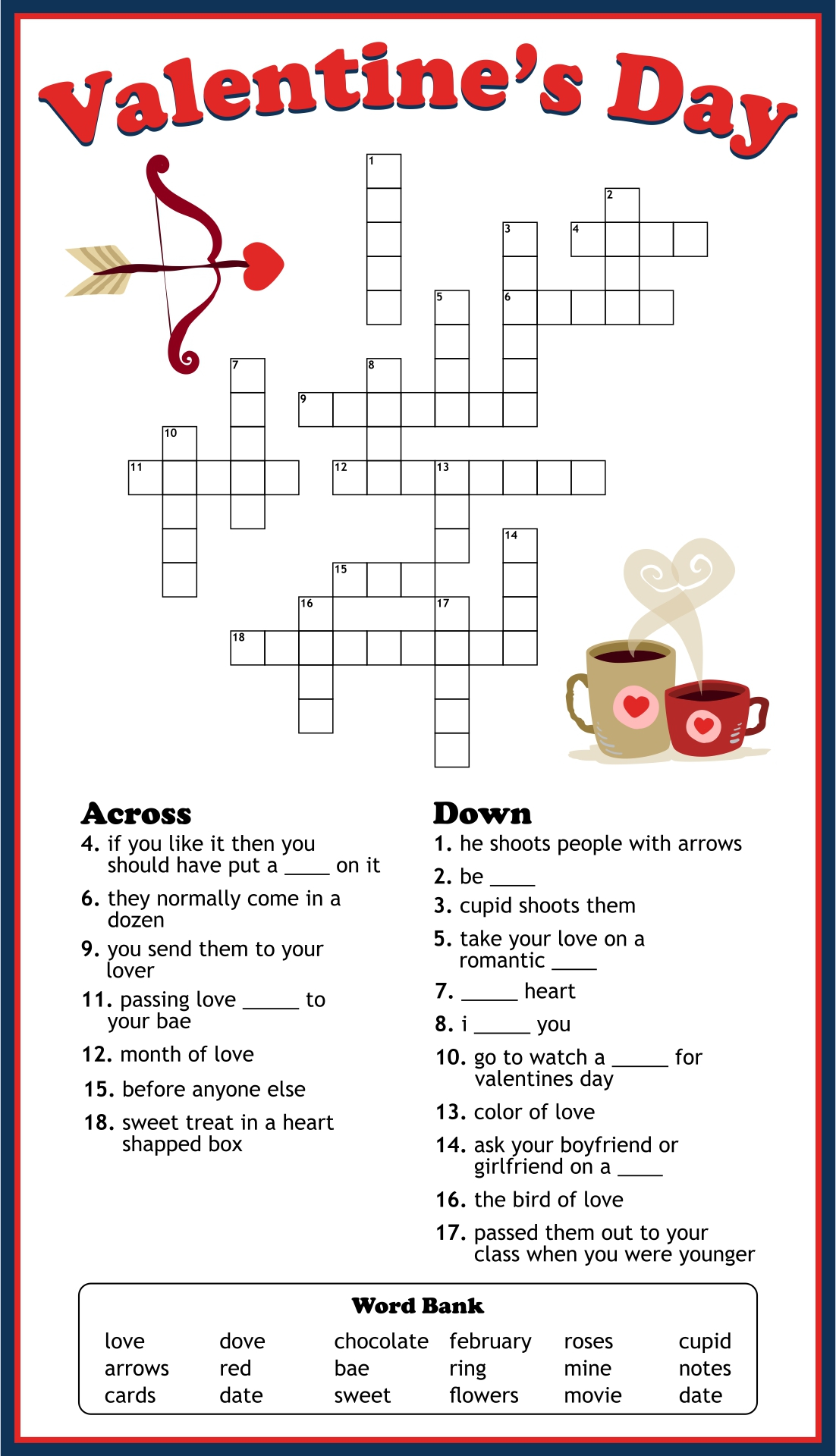 Printable Valentine's Day Crossword Puzzle For Adults