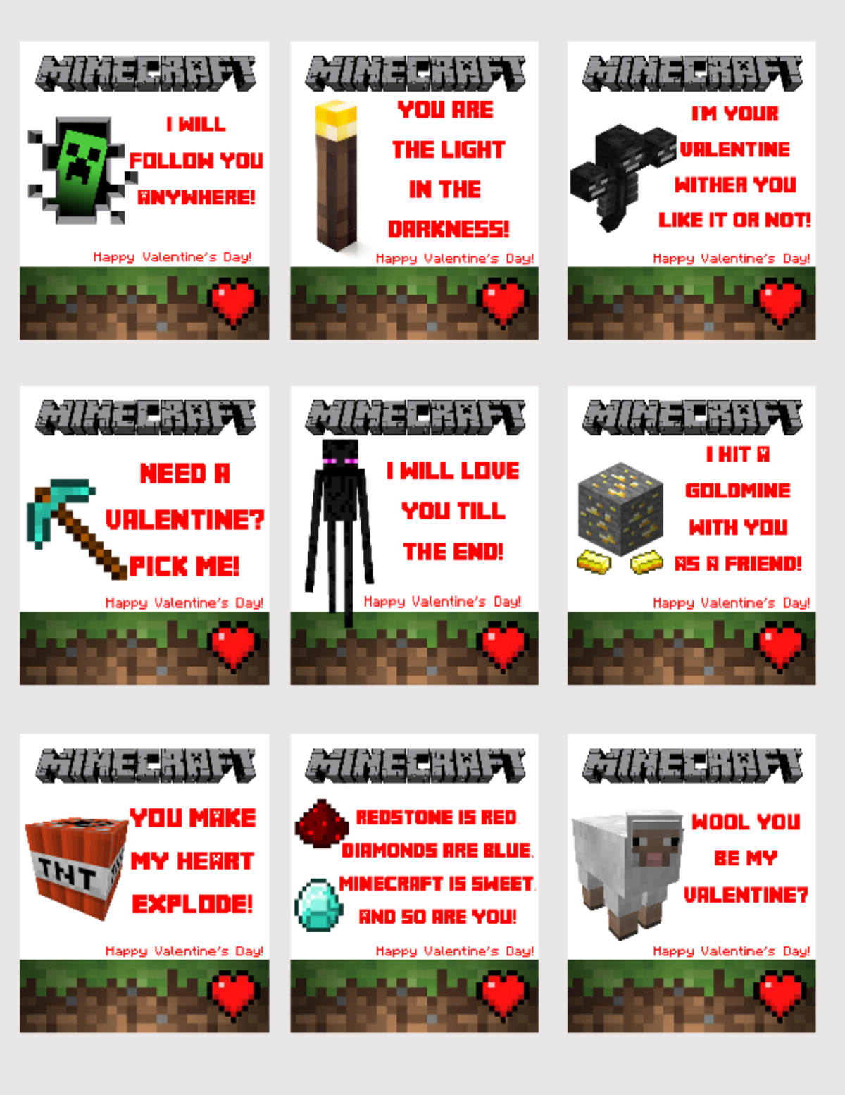 Printable Minecraft Valentines Day Cards