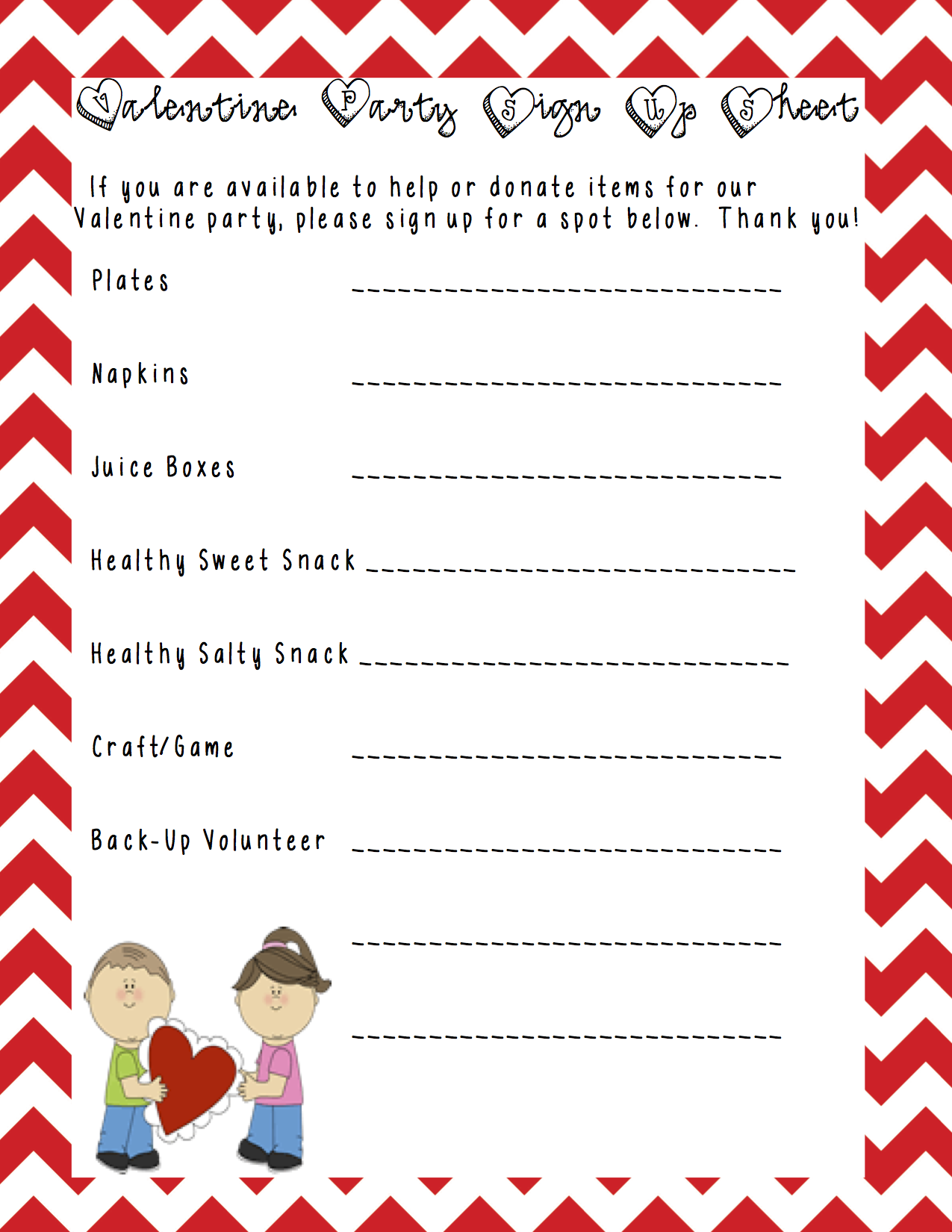 Valentines Party Sign Up Sheet Printable