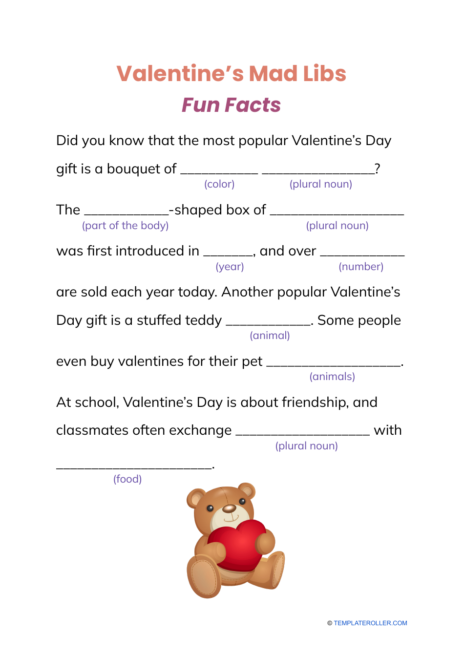 Valentine's Day Mad Libs Printable