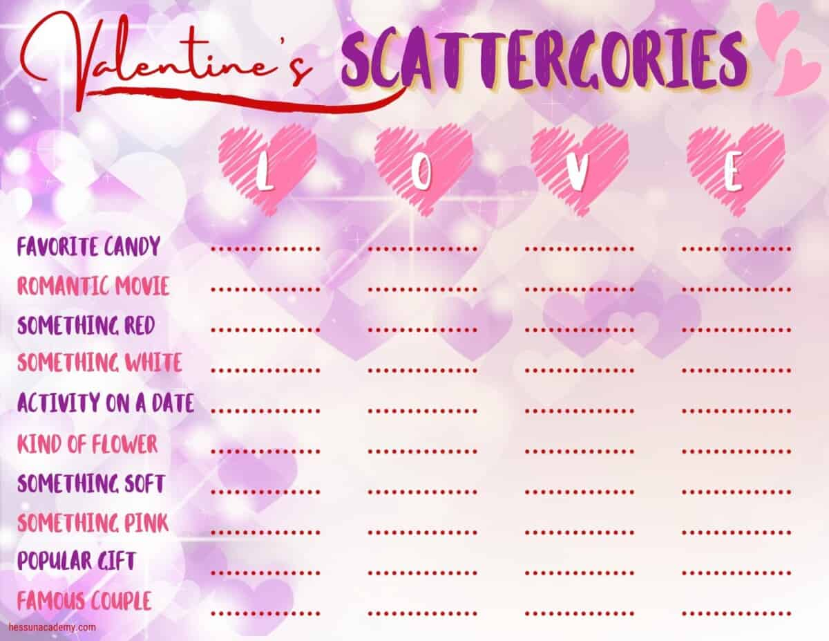 Valentine's Day Scattergories Free Printable