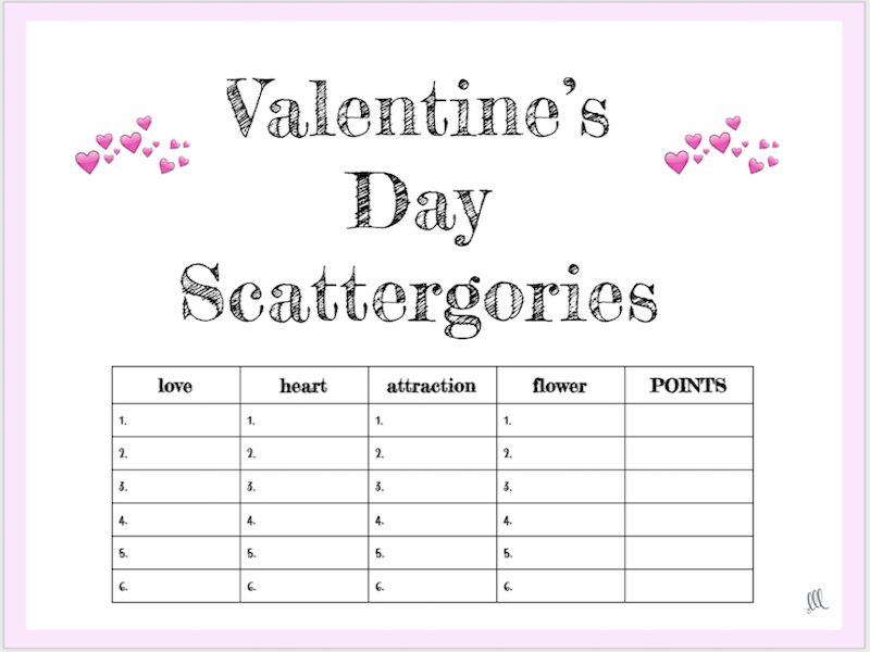 Valentine's Day Scattergories Free Printable