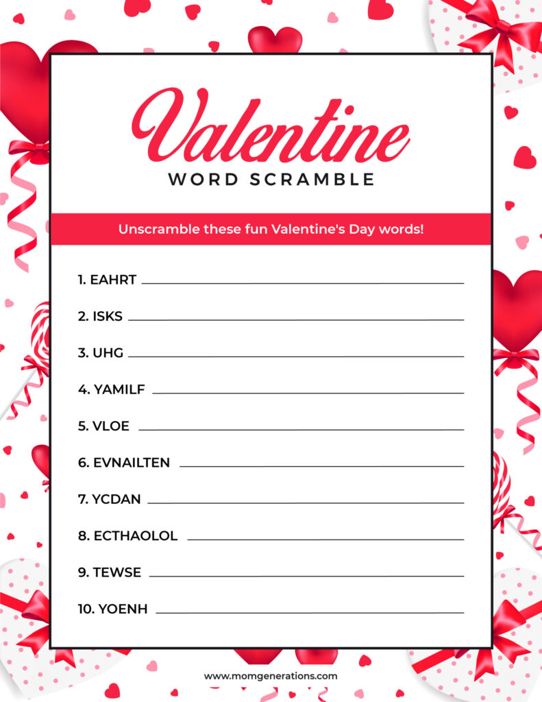 Free Printable Valentines Word Scramble