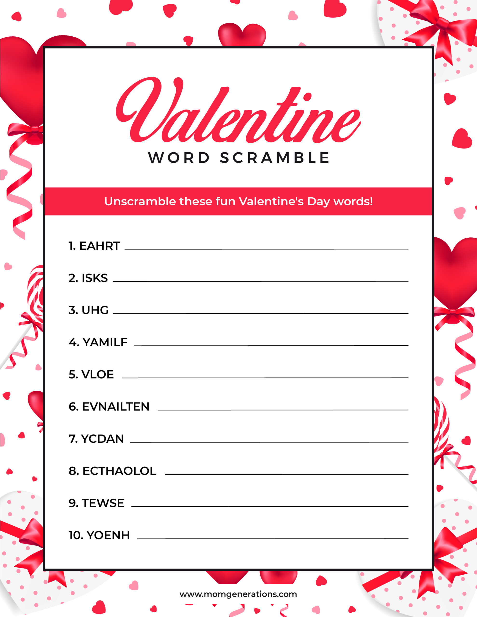 Valentines Word Scramble Free Printable